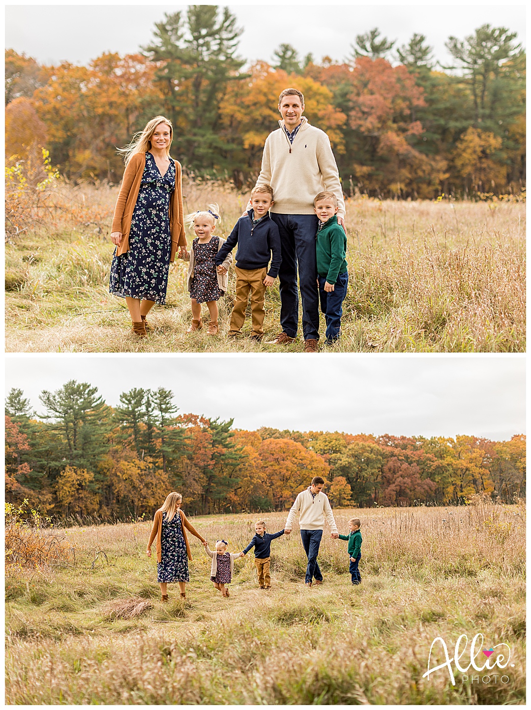 family of five in fall field for photos