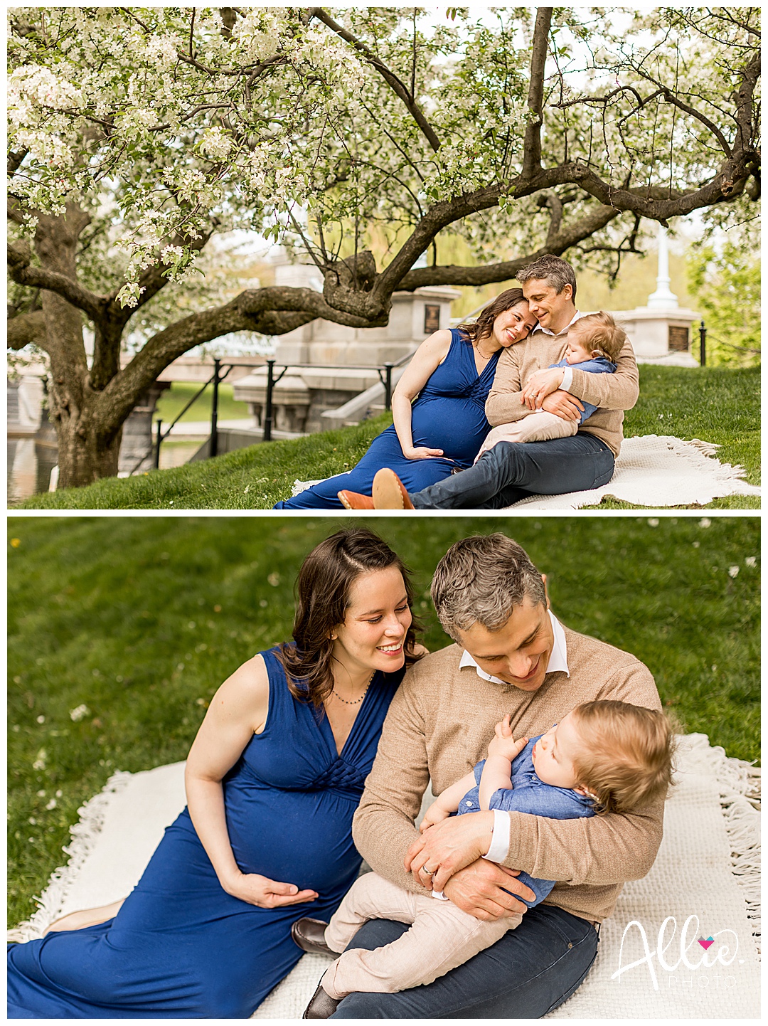 maternity photos at boston public garden sitting down with child