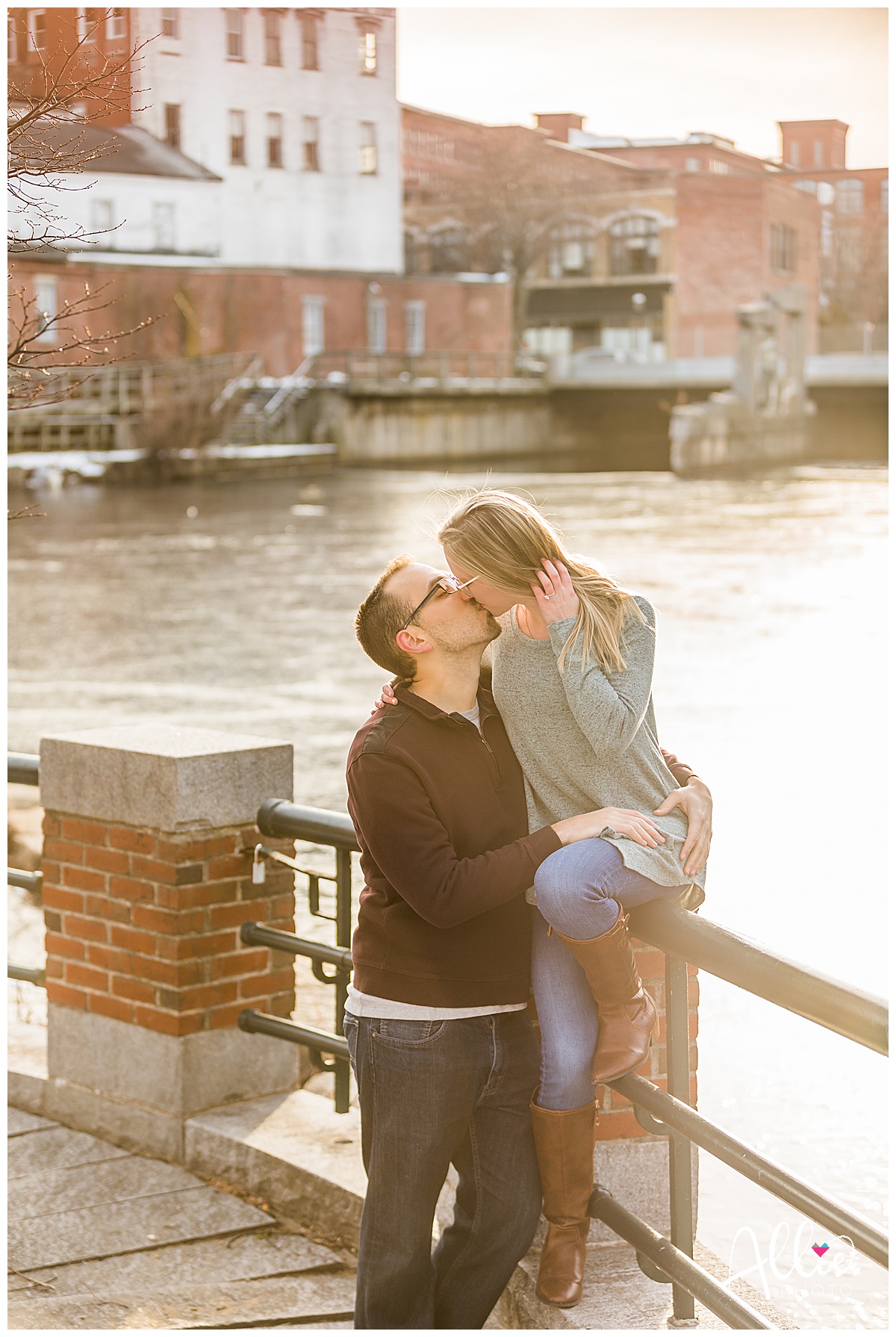 couple winter Lowell canal photo shoot