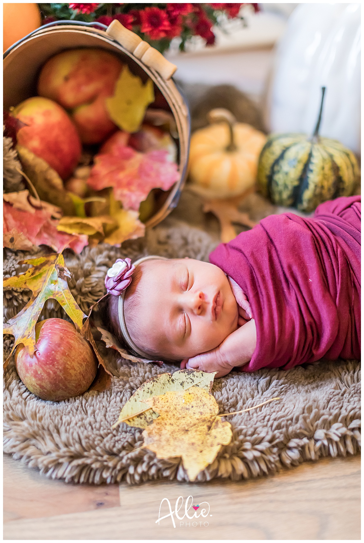 fall newborn set up with pumpkins and apples