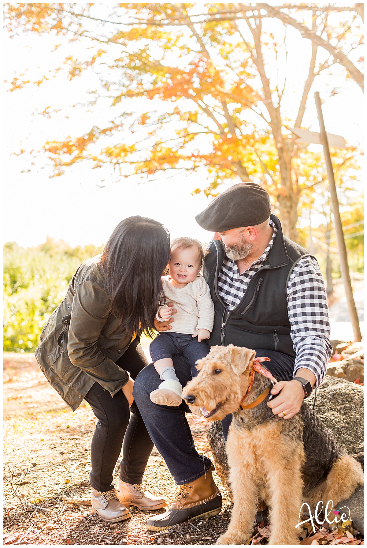 family and puppy at apple orchard fall
