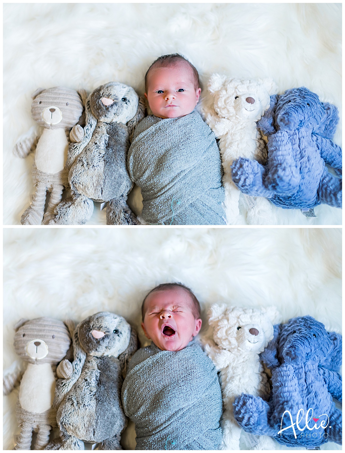 newborn baby with stuffed animals