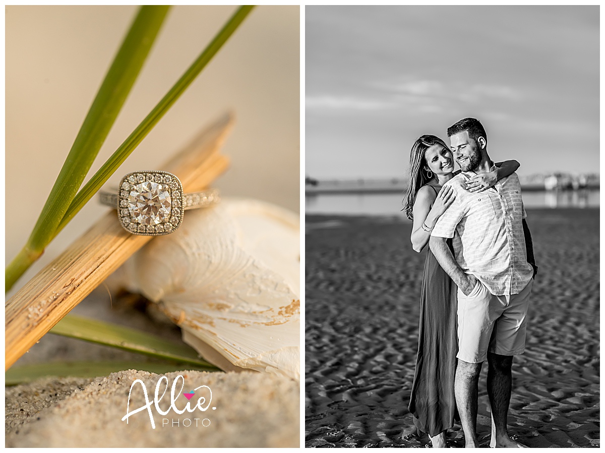 engagement ring photos at beach session with couple
