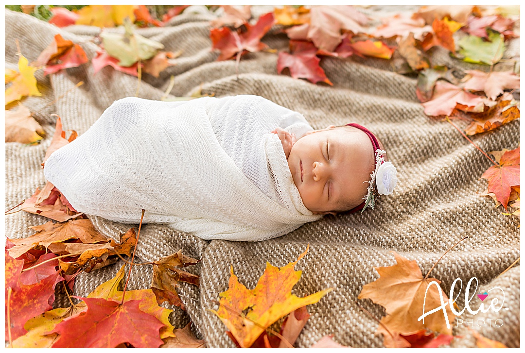 fall outdoor newborn photos with colored leaves baby girl