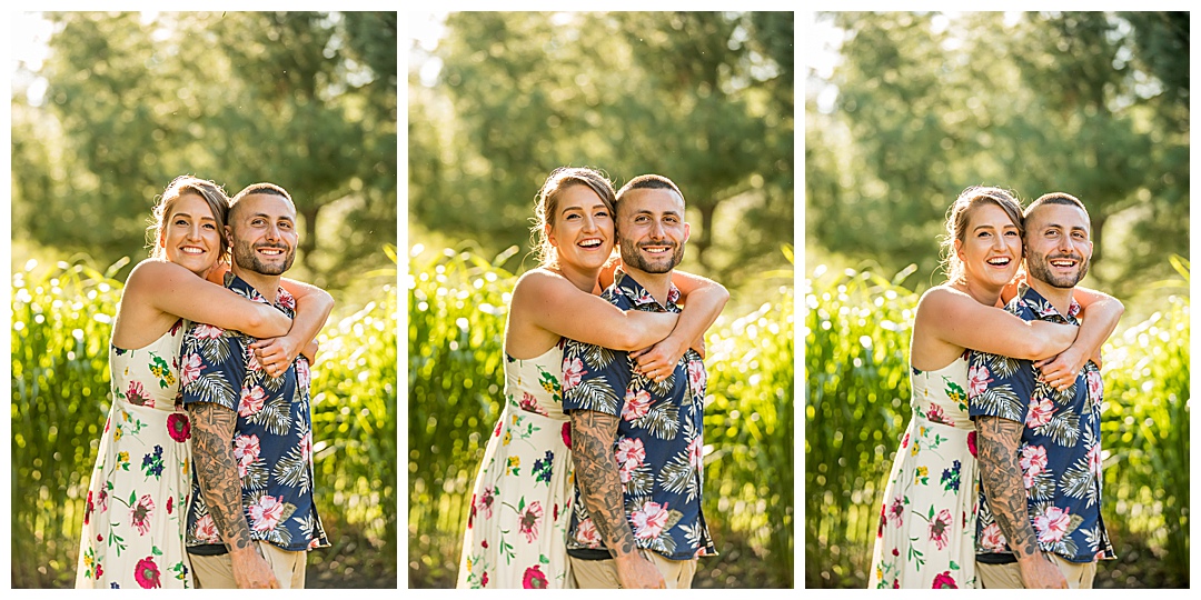 happy couple Hawaiian shirts engagement photos