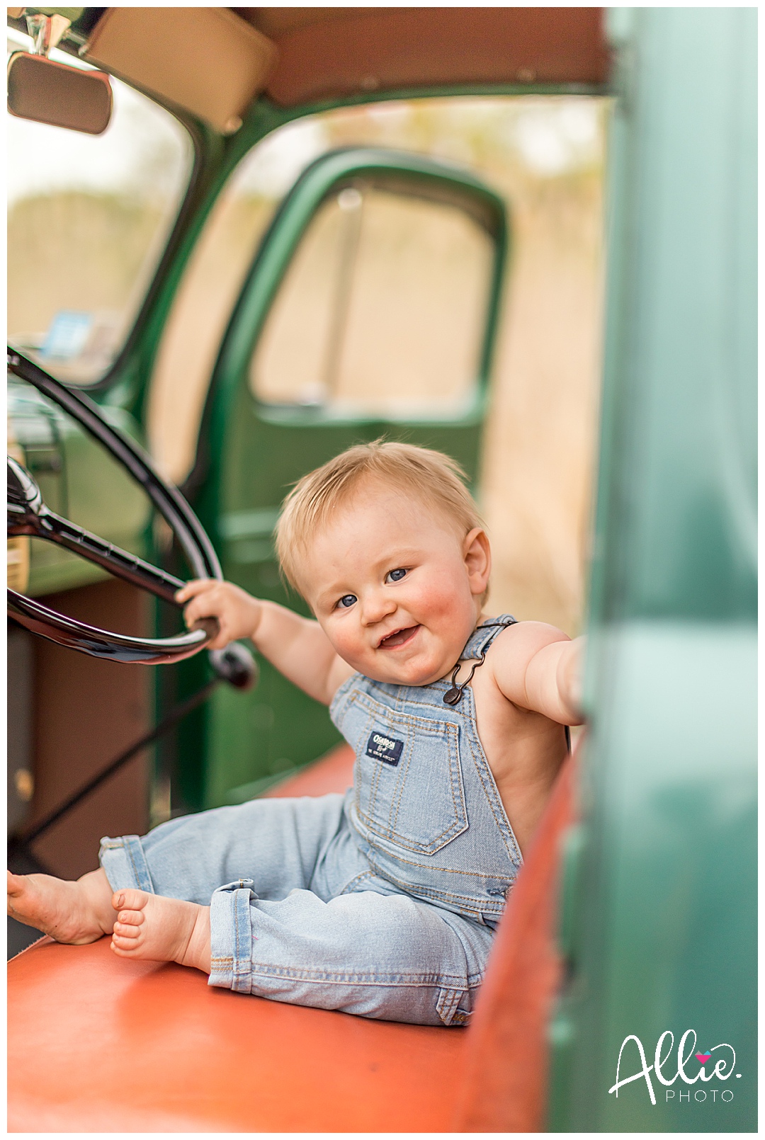 vintage truck with one year baby boy